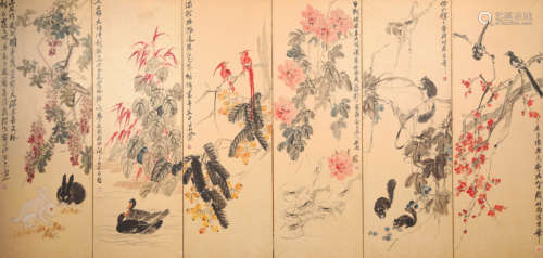 Chinese Flower and Bird Painting Screen, Qi Baishi Mark