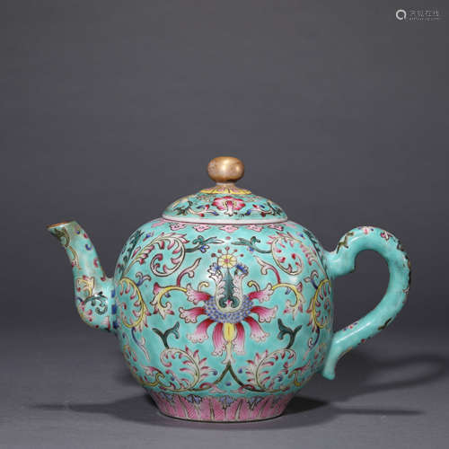 Famille Rose Turquoise Ground Flower Tea Pot