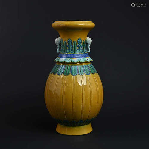 Yellow Glaze Sancai Elephant Eared Zun Vase