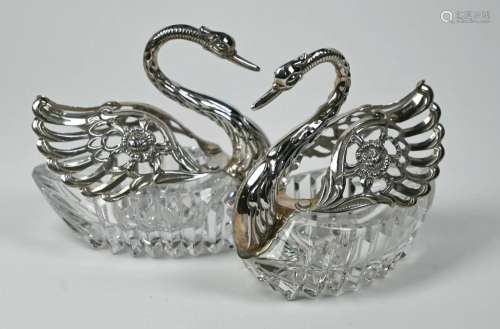 Pair of silver and glass swan trinket-dishes
