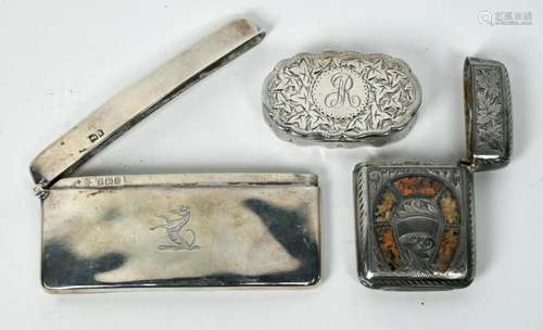 Edwardian silver card case, pill-box and vesta case