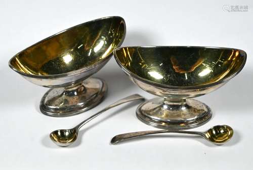 Pair of George III silver navette salts with spoons