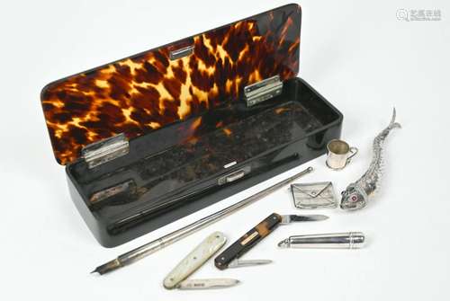 Edwardian tortoiseshell and silver pen-box, etc.