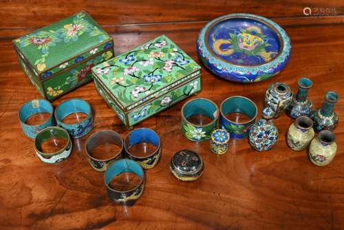 A collection of Chinese cloisonne boxes, snuff bottle,