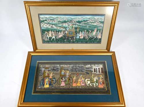 Two Mughal-style paintings of processions with