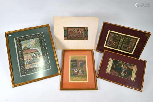 Four framed Mughal-style miniature paintings and