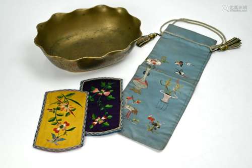 A Chinese brass dragon bowl, silk embroidered pouch and