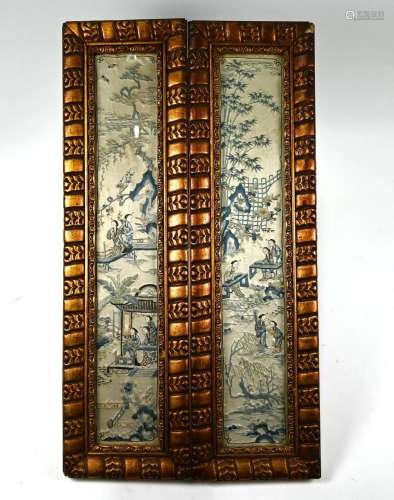 Two Chinese Kesi work silk embroidered panels in gilt