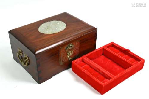 A Chinese rosewood jewellery box with jade plaque