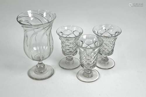 A Victorian pressed glass celery vase and three rummers