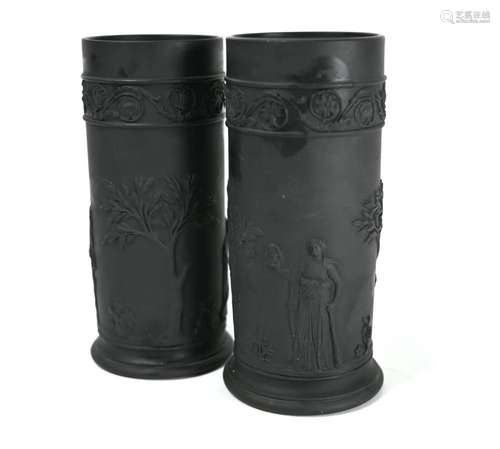 A pair of Victorian Wedgwood black basalt cylindrical