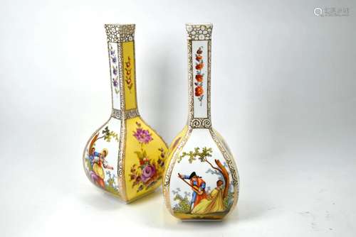 A pair of Dresden porcelain bottle vases of square