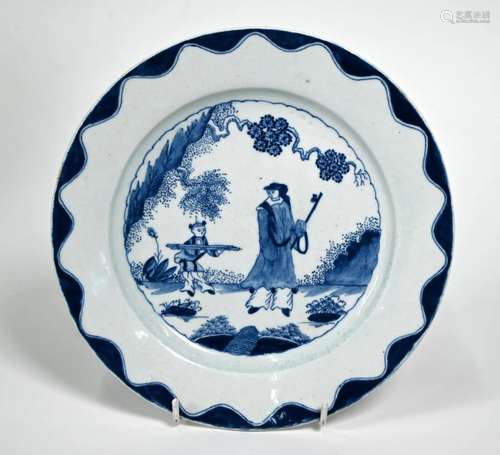 A Bow porcelain blue and white plate