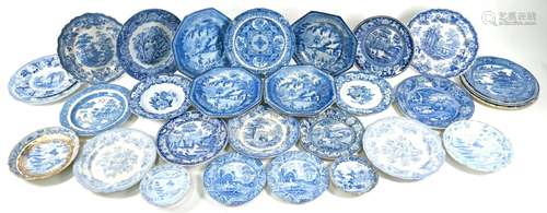 Twenty-eight early 19th century blue and white plates,