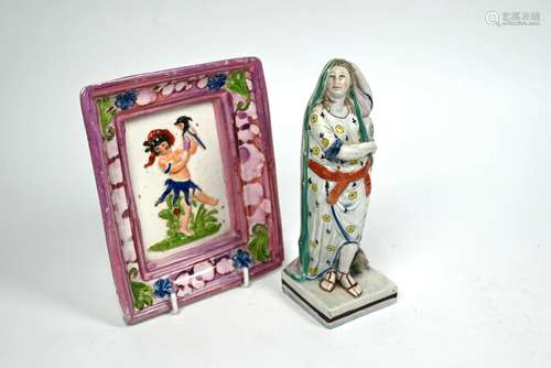 Georgian Prattware figure and a rectangular plaque