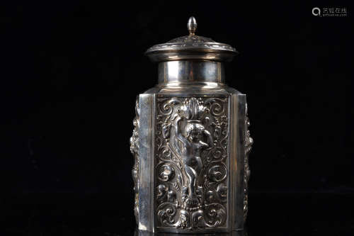 純銀鎏金高浮雕天使紋茶葉罐