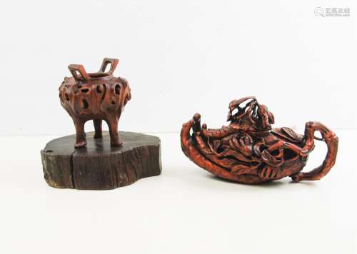 Two Carved Boxwood Braizers & Boat In Wood Stand