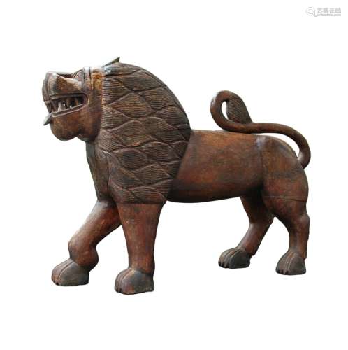 Large Wood Carved Lion Figure
