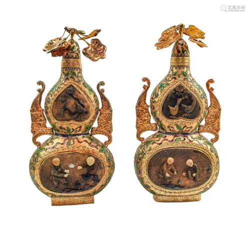 Pair Of Chinese Gilded Double Gourd Canisters
