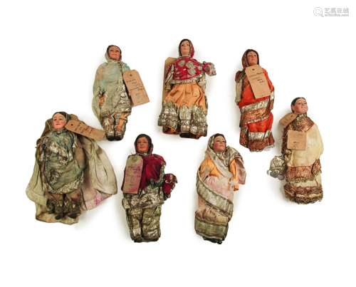 Group of 7 Hindu dressed girl dolls, Made in India