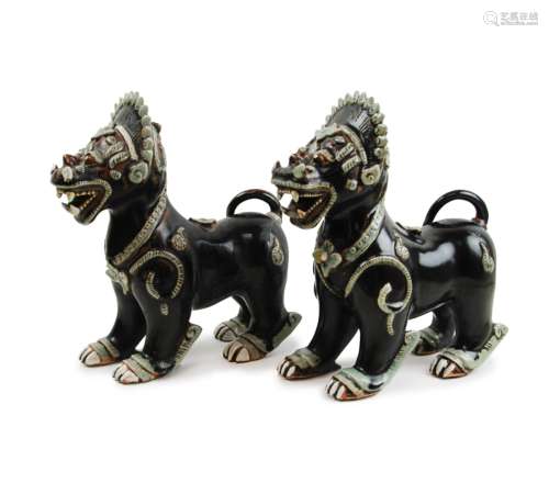 Pair Of Porcelain Noire Glaze Fou Lions