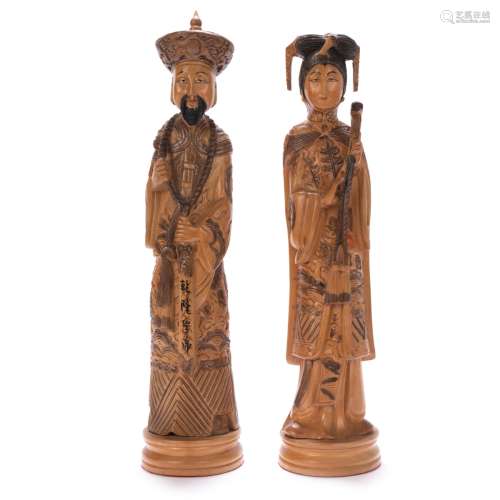 TWO CARVED WOOD MALE FEMALE CHINESE COURT FIGURES