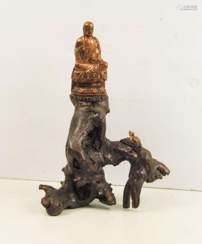 Gilded Wood Buddha Mounted On Root Wood