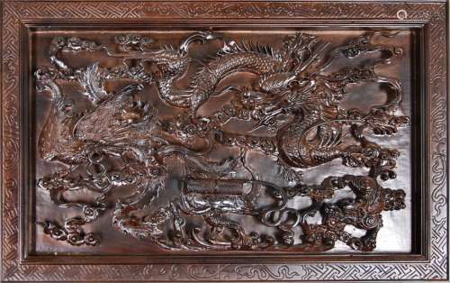 Zitan Wood Carved Dragon Phoenix Wall Hanging