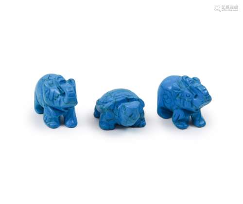 Three Turquoise Figures Of Elephans And Turtle