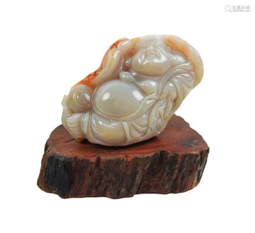 Carved Agate Happy Buddha On Wood Base