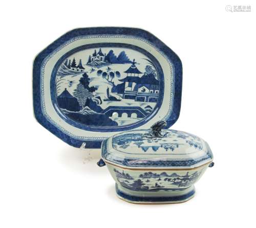 Two Export Blue And White Container And Tray