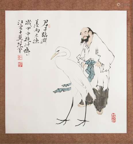 Chinese Painting On Paper Man With Crane, Seal