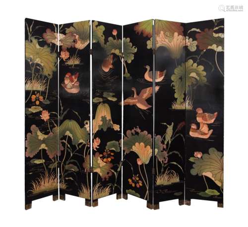 Large Six Panels Painted Lacquer Room Screen