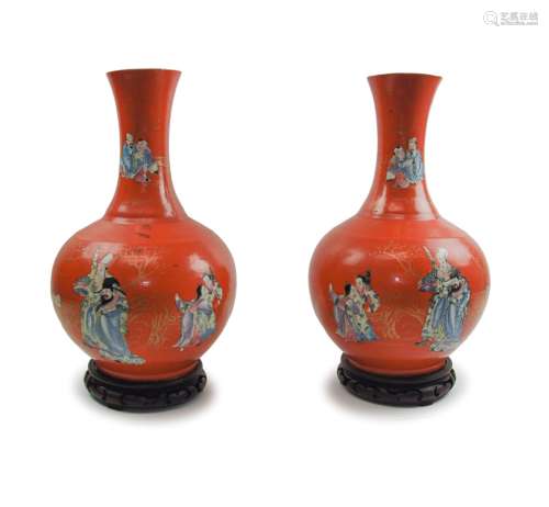 Pair Chinese Famille Rose Iron-red Glazed Vases