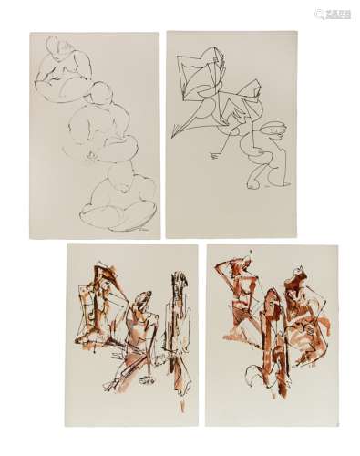 Group Of Four E. Davis Art, Ink on Paper
