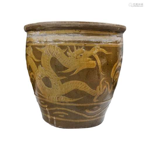 CHINESE GLAZED CERAMIC EGG POT WITH DOUBLE DRAGONS
