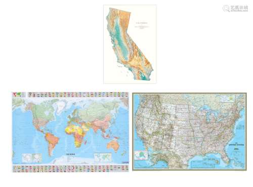 Two Laminated Geographical World, USA Maps and CA