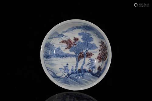 A Red In Blue And White Landscape Pattern Porcelain Plate