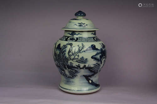 A Blue And White Landscape Pattern Lid  Jar