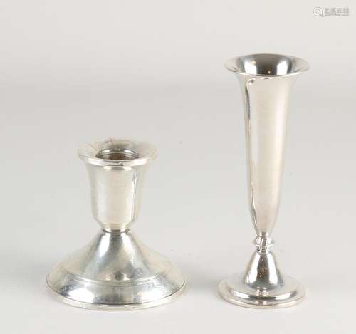 Silver candlestick & vase