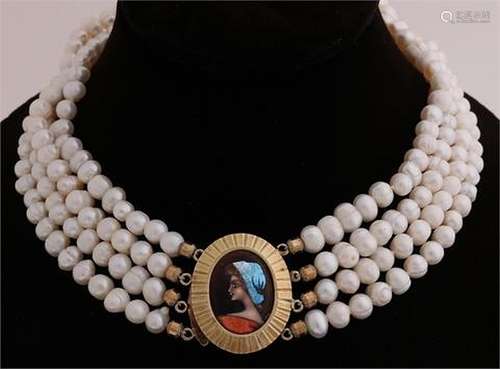 Pearl necklace with gold enamel portrait pendant