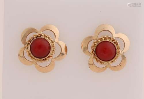 Gold ear studs with red coral