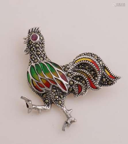 Silver brooch with enamel, rooster