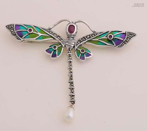 Silver brooch with enamel, dragonfly