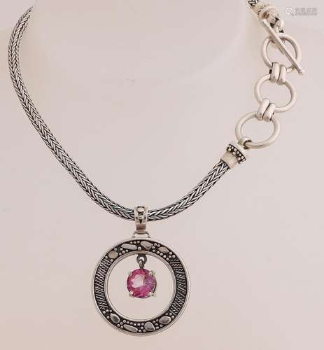 Silver necklace and pendant with pink stone