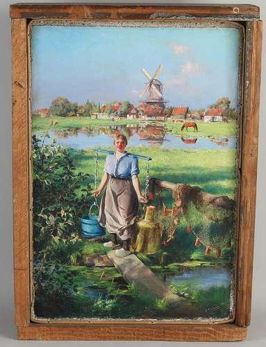 J. Miedema, Dutch milkmaid at sunny village