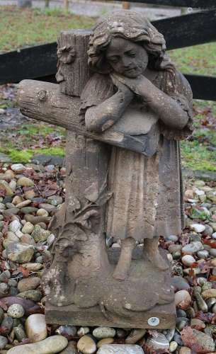 Antique sandstone crucifix with woman, H 79 cm.