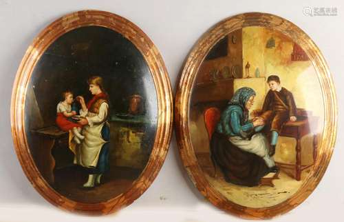 Two oval paintings, Interior with figures