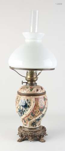 Antique majolica petroleum lamp, H 65 cm.