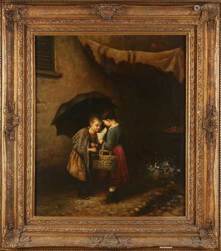 Unsigned, Two children with candy under umbrella